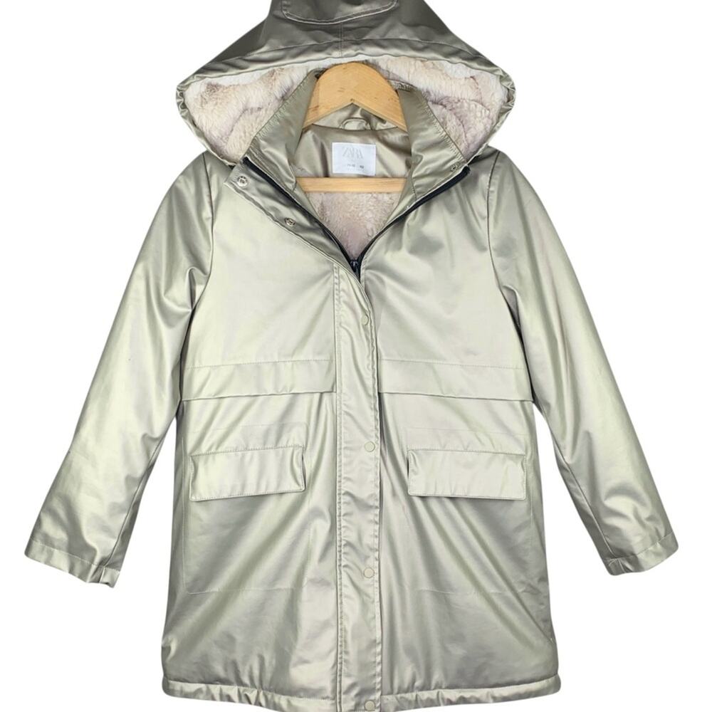 Zara Kids Matte Gold Rubberized Hooded Raincoat Parka Jacket 11 12 Sherpa Fleece